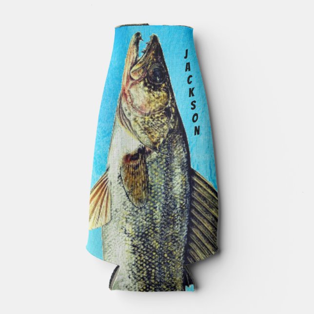 Walleye Pike Fish on Blue and Name Bottle Cooler (Front)