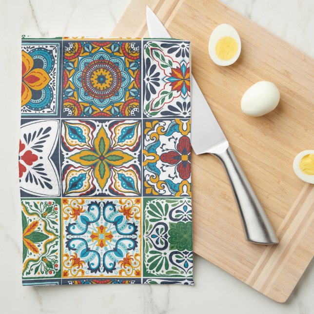 Wallpaper Backsplashes/Talavera inspired tiles Tea Towel (Quarter Fold)