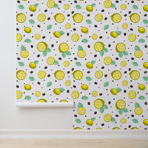 Wallpaper with a modern pattern of leaves, lemons.