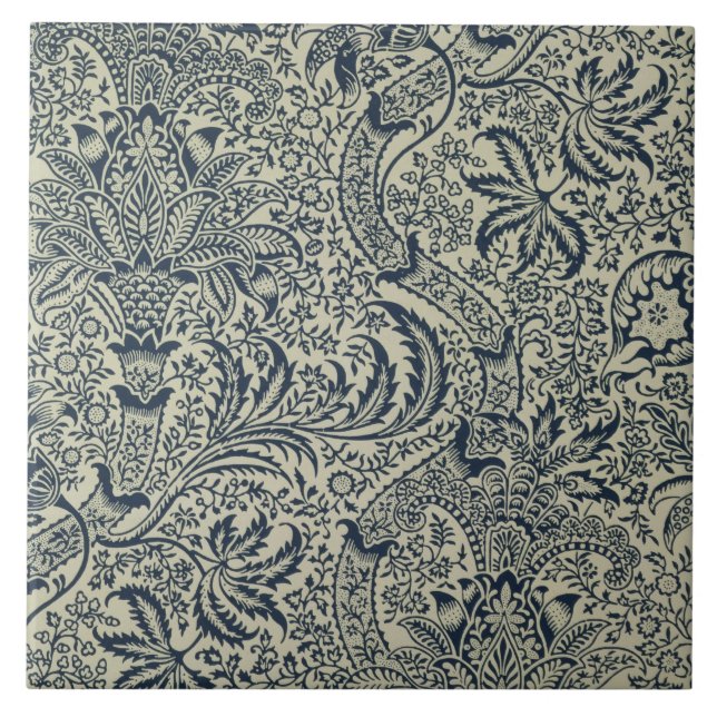 Wallpaper with navy blue seaweed style design ceramic tile (Front)