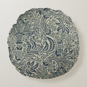 Wallpaper with navy blue seaweed style design round cushion