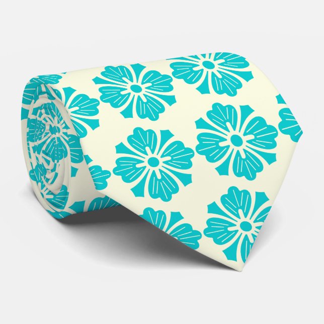 Wallstreet Hibiscus Foulard Ecru & Turq Two-Sided Tie (Rolled)