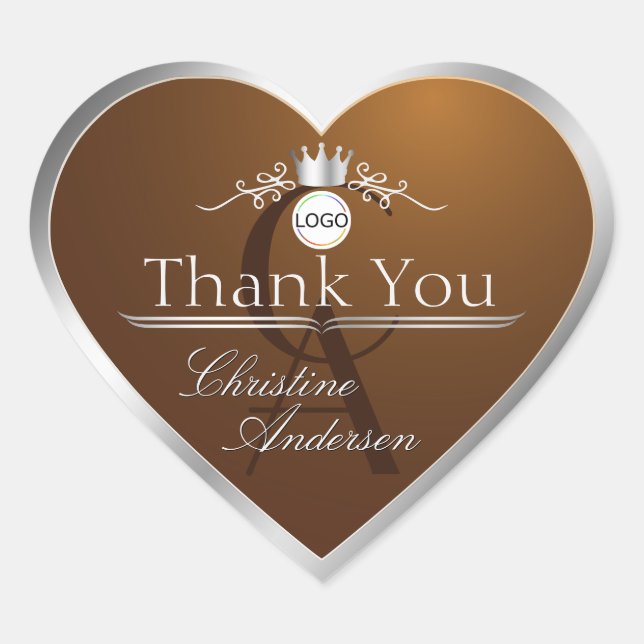 Walnut Brown Silver Frame Logo Monogram Thank You Heart Sticker (Front)