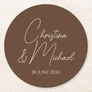 Walnut • Modern Handwritten Script Round Paper Coaster