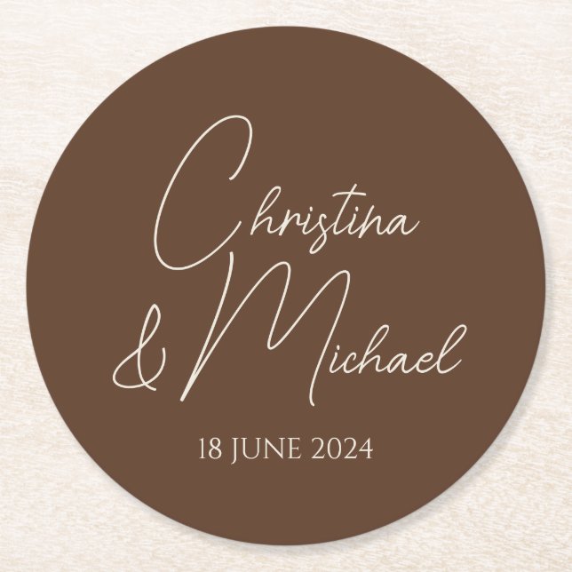 Walnut • Modern Handwritten Script Round Paper Coaster (Front)