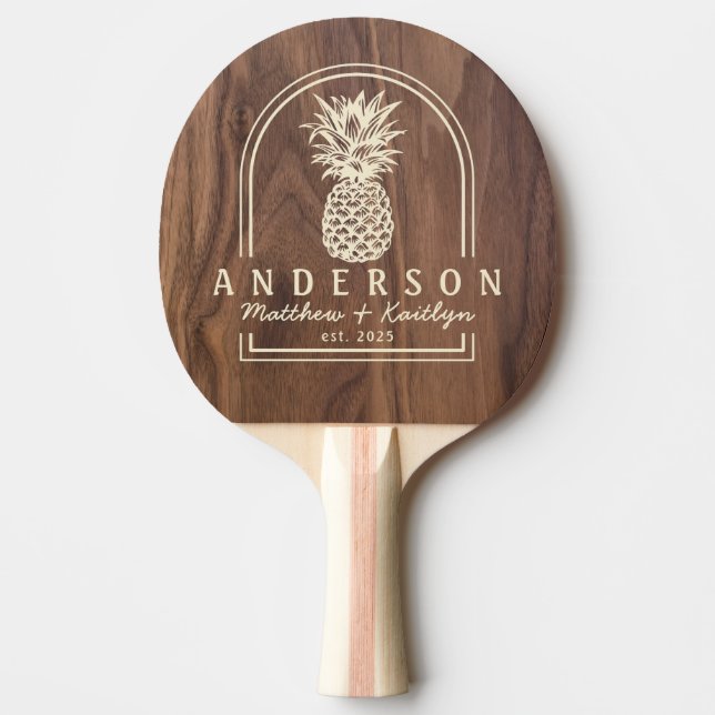 Walnut Wood Pineapple Wedding Arch & Name Ping Pong Paddle (Front)