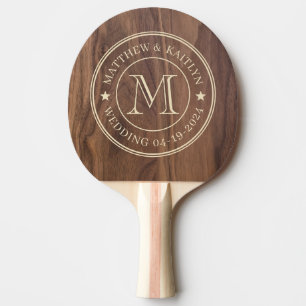 Walnut Wood Wedding Monogram Star Ping Pong Paddle