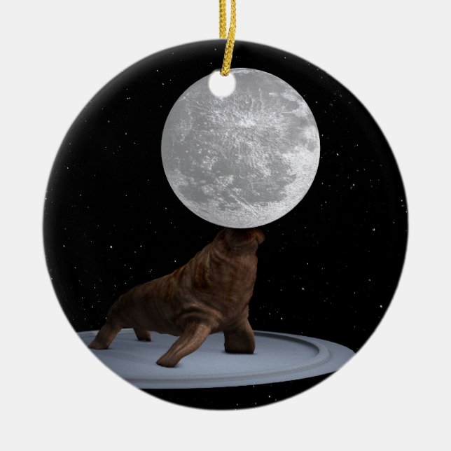Walrus Balancing The Moon Ceramic Tree Decoration (Front)