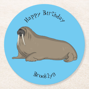 Walrus cartoon illustration round paper coaster