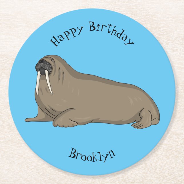 Walrus cartoon illustration round paper coaster (Front)