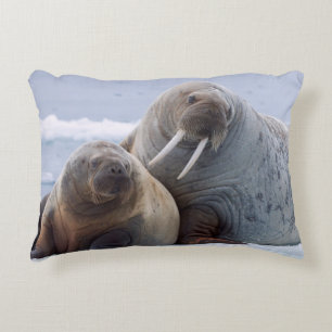 Walrus cow and calf rest on a sea ice floe decorative cushion
