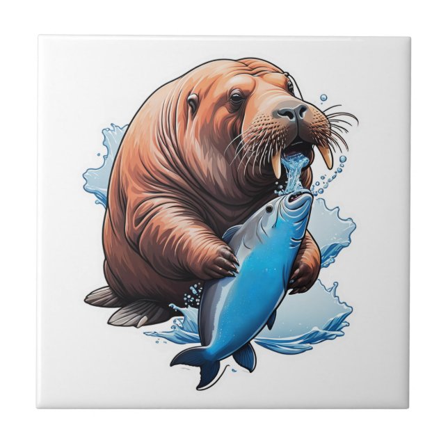 Walrus Fishing In The Sea Ceramic Tile (Front)