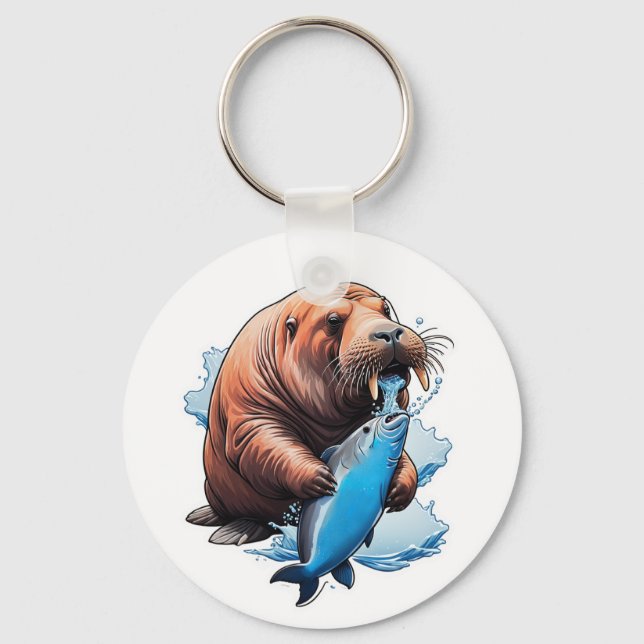 Walrus Fishing In The Sea Key Ring (Front)