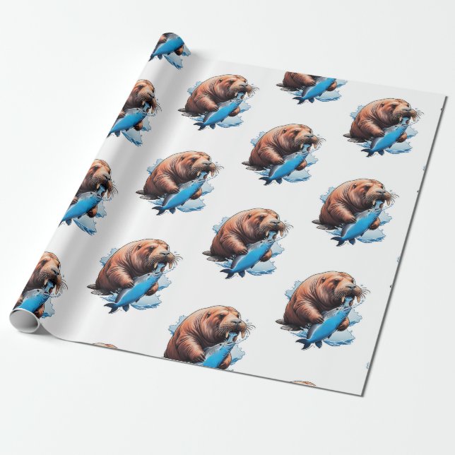 Walrus Fishing In The Sea Wrapping Paper (Unrolled)