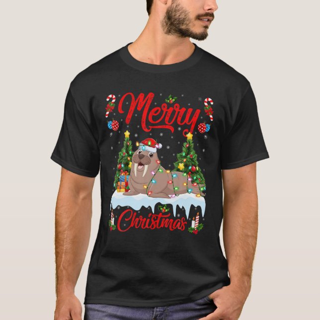 Walrus Lover Xmas Lighting Santa Hat Walrus Christ T-Shirt (Front)