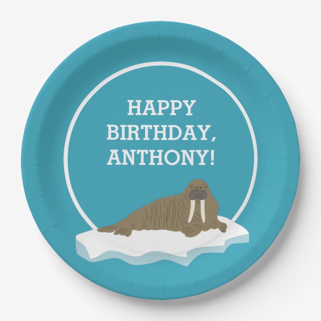 Walrus on an Iceberg Custom Birthday Party Paper Plate (Front)
