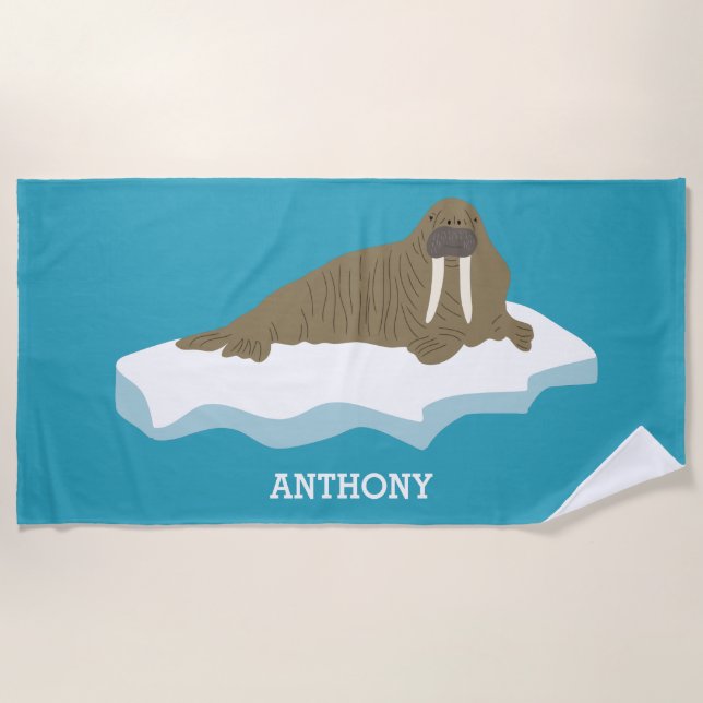 Walrus on an Iceberg Illustration Personalised Beach Towel (Front)