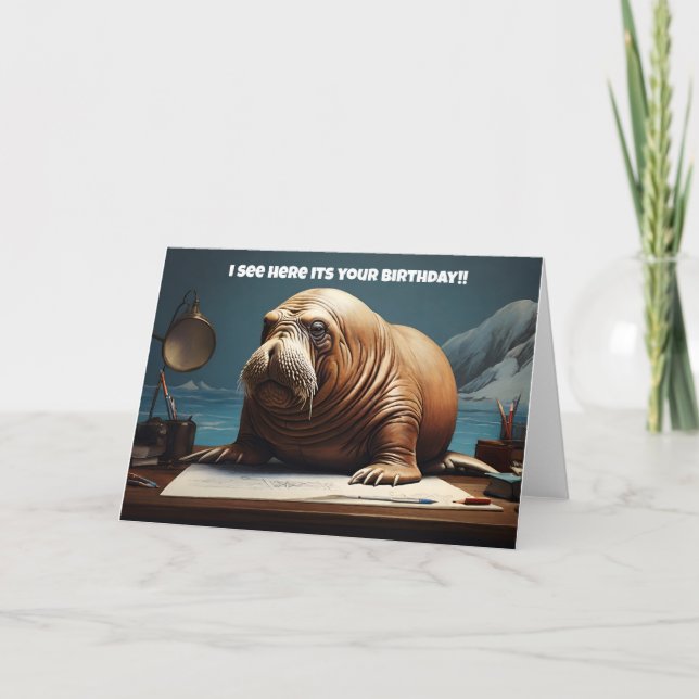 Walrus reading paper thank you card (Front)