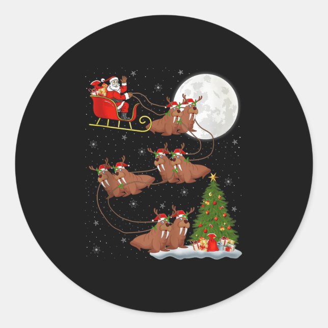 Walrus Santa Sleigh Flying Funny Magical Christmas Classic Round Sticker (Front)
