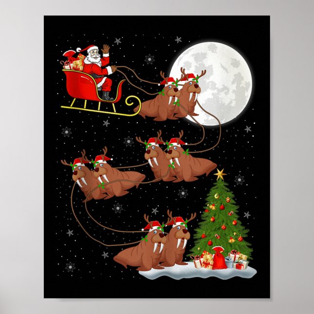 Walrus Santa Sleigh Flying Funny Magical Christmas Poster (Front)