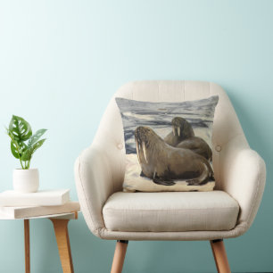 Walruses in the Arctic Snow, Vintage Marine Animal Cushion