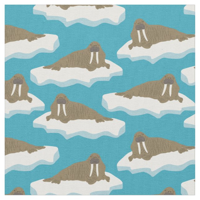 Walruses on Icebergs Patterned Turquoise Blue Fabric (Close Up)