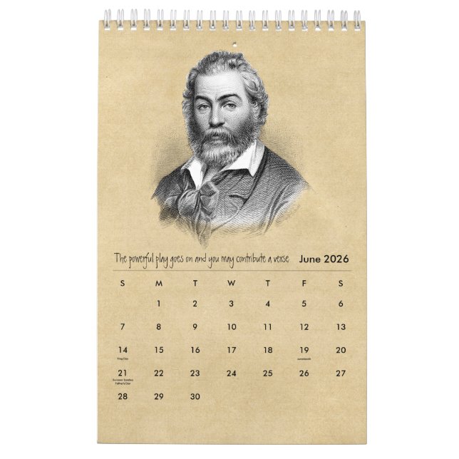Walt Whitman Portraits and Poetry Calendar (Jun 2026)
