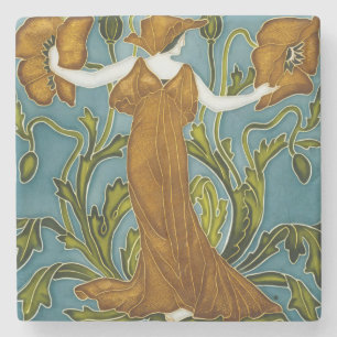 Walter Crane Art Nouveau Orange Poppy Maiden Stone Coaster