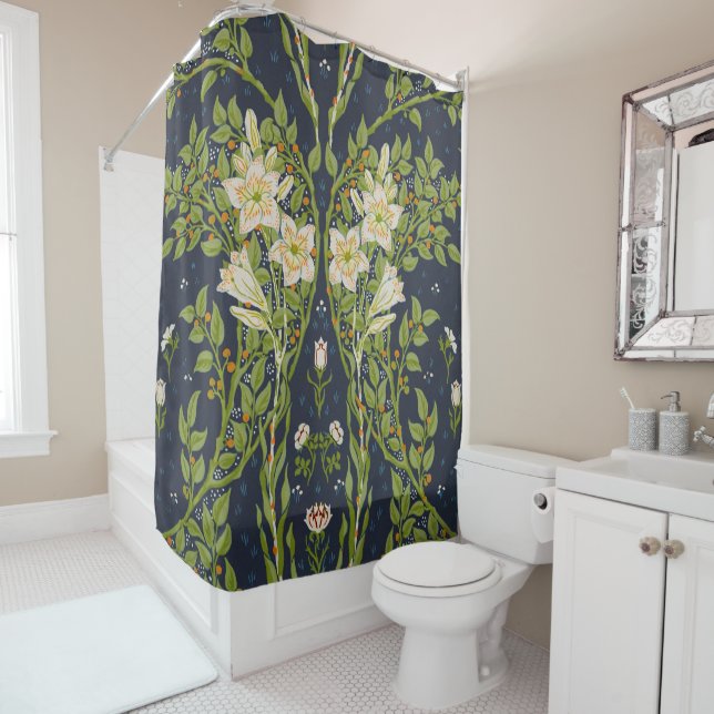Walter Crane Berried Branches with White Lilies Shower Curtain (In Situ)