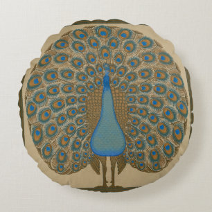 Walter Crane Blue Peacock with its tail outspread Round Cushion