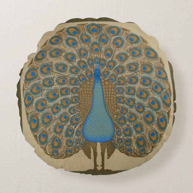 Walter Crane Blue Peacock with its tail outspread  Round Cushion (Front)