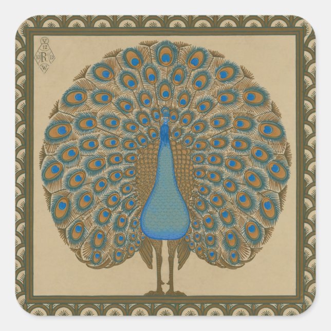 Walter Crane Blue Peacock with its tail outspread  Square Sticker (Front)
