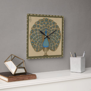 Walter Crane Blue Peacock with its tail outspread Square Wall Clock