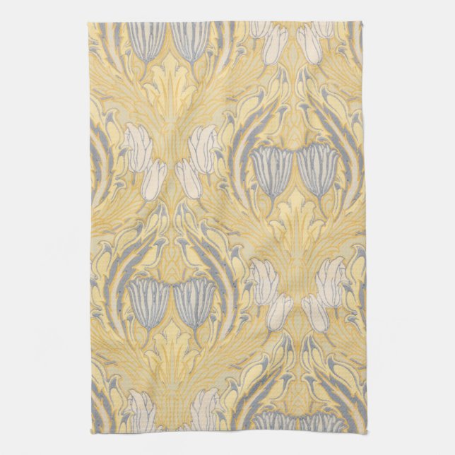 Walter Crane Blue White Tulips & Acanthus Tea Towel (Vertical)