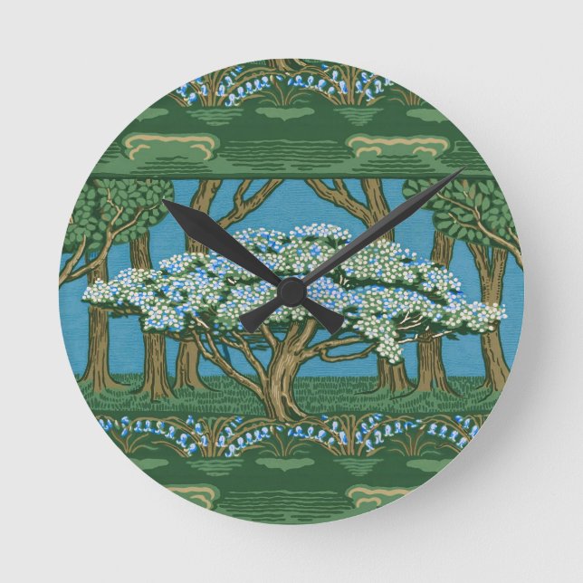 Walter Crane May Tree Wallpaper Green Blue Round Clock (Front)