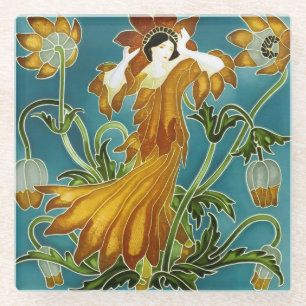 Walter Crane Orange Tulip Art Nouveau Floral Glass Coaster