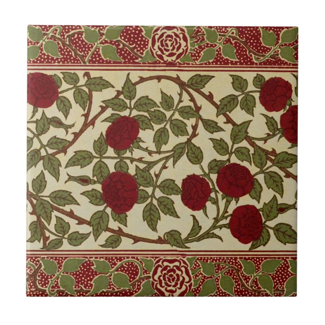 Walter Crane Red Roses with Thorned Stems Ceramic Tile (Front)