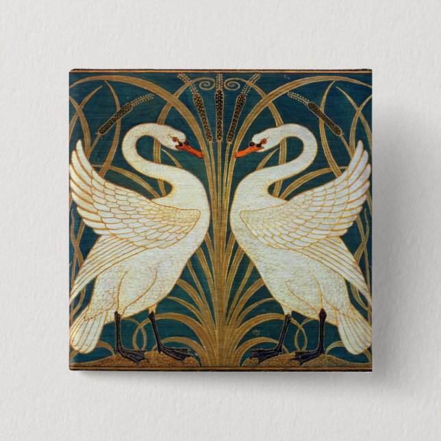 Walter Crane Swan, Rush And Iris Art Nouveau 15 Cm Square Badge (Front)