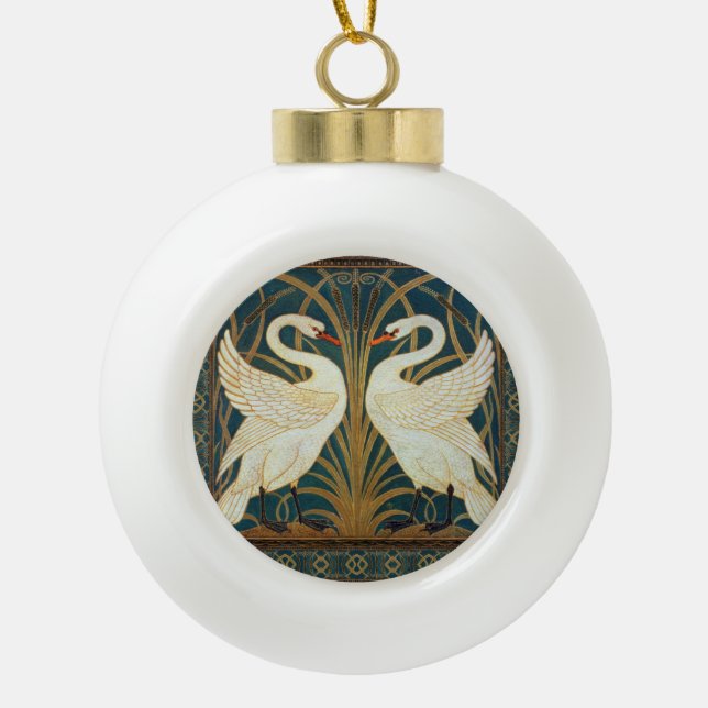 Walter Crane Swan, Rush And Iris Art Nouveau Ceramic Ball Christmas Ornament (Front)