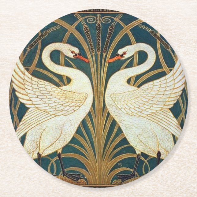 Walter Crane Swan, Rush And Iris Art Nouveau  Round Paper Coaster (Front)