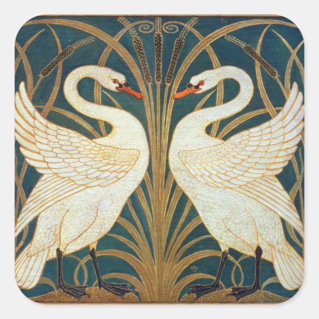 Walter Crane Swan, Rush And Iris Art Nouveau Square Sticker (Front)