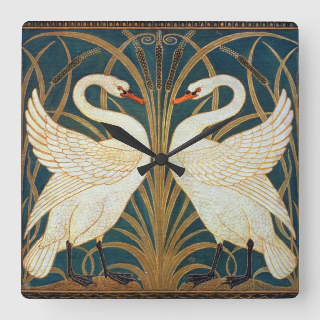 Walter Crane Swan, Rush And Iris Art Nouveau Square Wall Clock (Front)