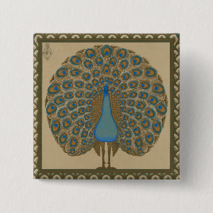 Walter Crane Vintage Gold Blue Peacock Art 15 Cm Square Badge
