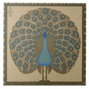 Walter Crane Vintage Gold Blue Peacock Art Ceramic Tile