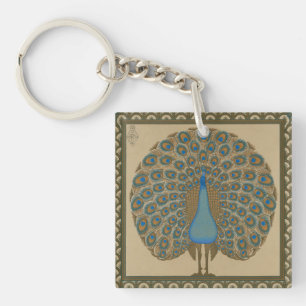 Walter Crane Vintage Gold Blue Peacock Art Key Ring