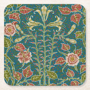 Walter Crane Vintage Lily and Rose Floral Square Paper Coaster
