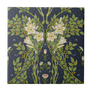 Walter Crane Vintage Navy White Lily Pattern Ceramic Tile