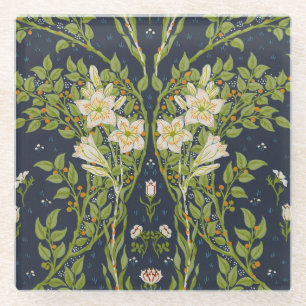 Walter Crane Vintage Navy White Lily Pattern Glass Coaster