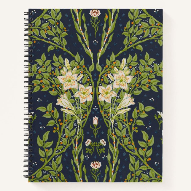 Walter Crane Vintage Navy White Lily Pattern Notebook (Front)