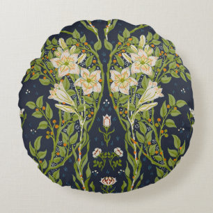 Walter Crane Vintage Navy White Lily Pattern Round Cushion